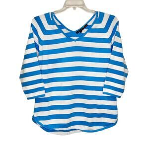 Jeanne Pierre Blue White Striped Cotton Knit Double V-Neck Sweater Top